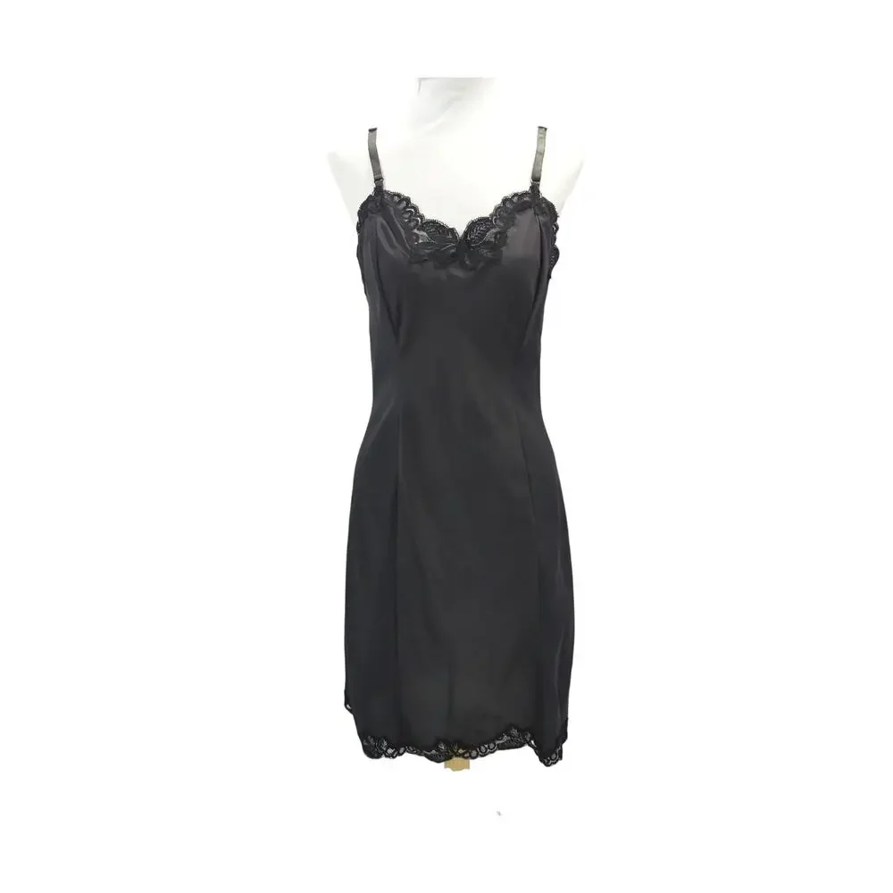Vintage 1950'S Black Rayon & Lace Full Slip